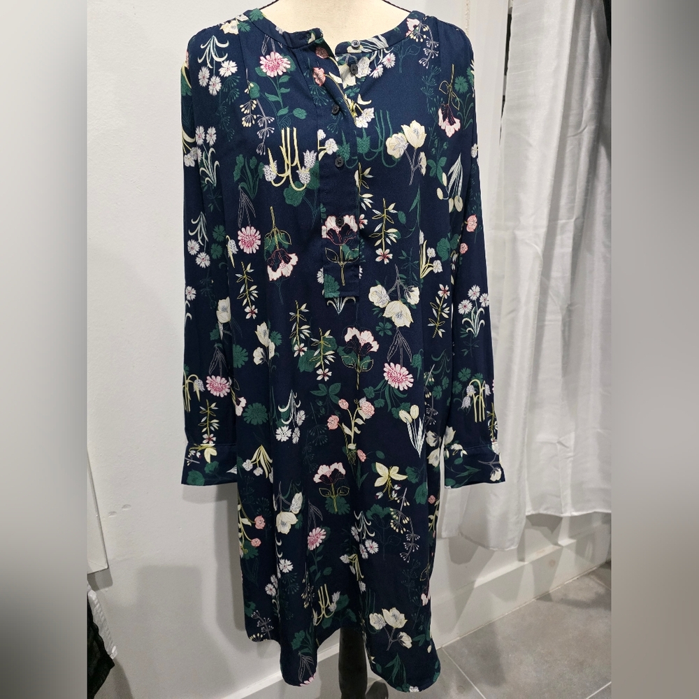 LOFT Navy Floral Long Sleeve Shift Dress with Pink and Cream Blooms